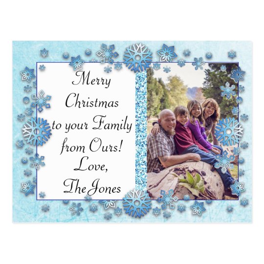 Blue Snowflakes Christmas Family Photo Postcard