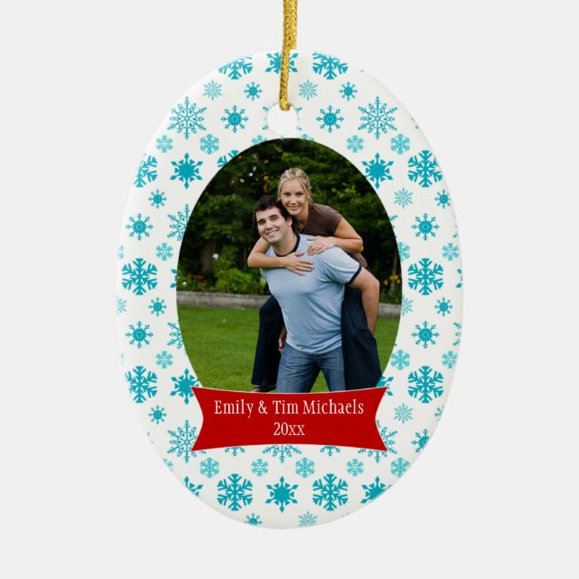 Blue snowflakes Christmas holiday photo ornament (Front)