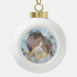 Blue Snowflakes Christmas Love Personalised Photo  Ceramic Ball Christmas Ornament