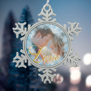 Blue Snowflakes Christmas Love Personalised Photo Snowflake Pewter Christmas Ornament