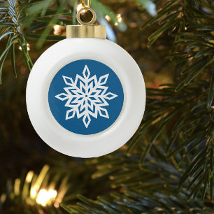 Blue Snowflakes Classic Winter White Snow Ceramic Ball Christmas Ornament