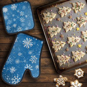 Blue Snowflakes Classic Winter White Snow Oven Mitt & Pot Holder Set