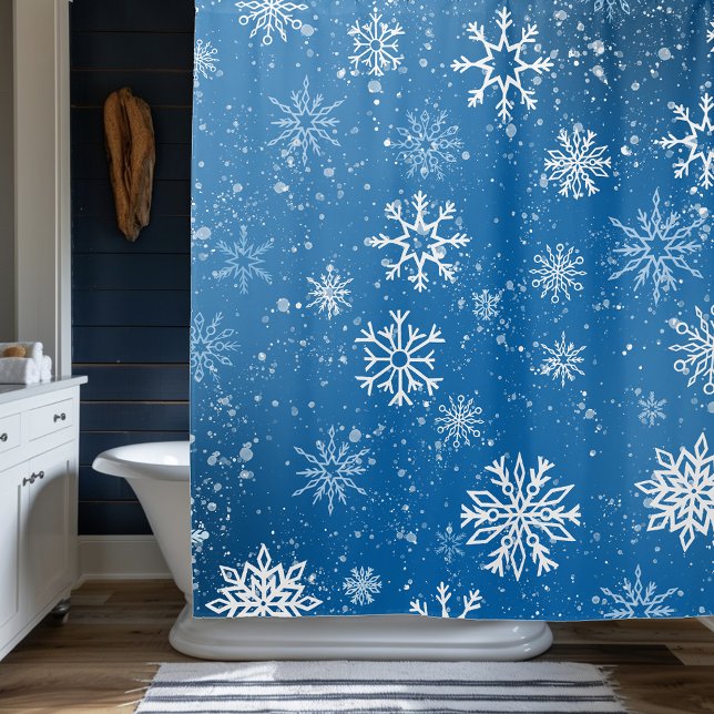 Blue Snowflakes Classic Winter White Snow Shower Curtain (Creator Uploaded)