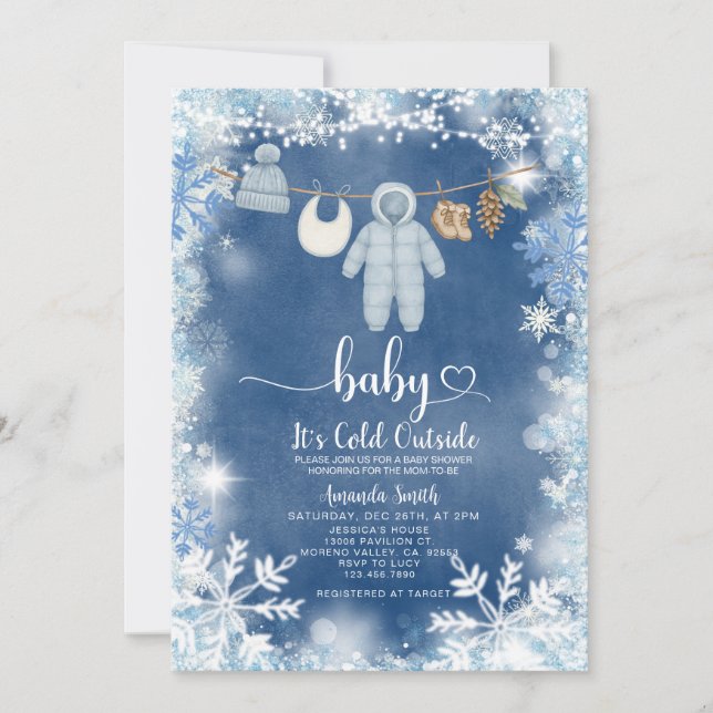 Blue Snowflakes Clothesline Baby Shower Invitation (Front)