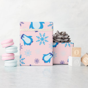 Blue Snowflakes & Cute Penguin Light Pink Seamless Wrapping Paper