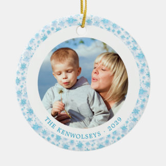 Blue Snowflakes Family Christmas 2 Photos Ceramic Tree Decoration