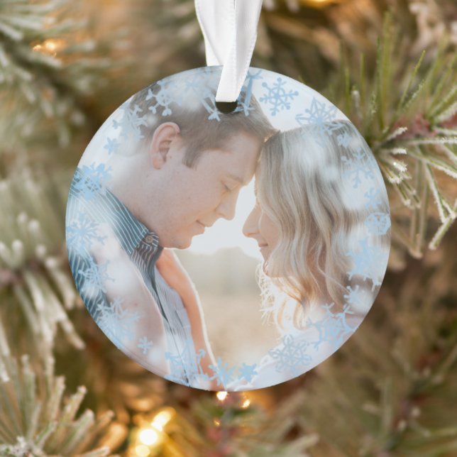 Blue Snowflakes First Christmas Married Photo  Ornament (Tree)