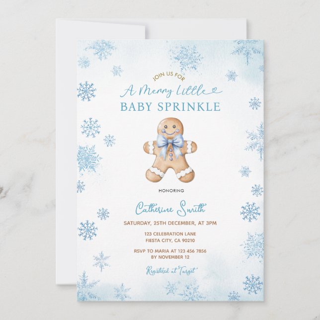Blue Snowflakes Gingerbread Baby Sprinkle Invitation (Front)