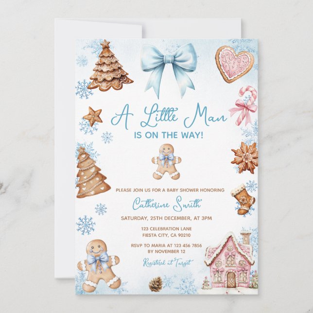 Blue Snowflakes Gingerbread Christmas Baby Shower Invitation (Front)