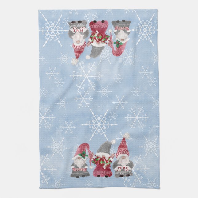 Blue Snowflakes Gnomes Love Joy Peace Watercolor Tea Towel (Vertical)