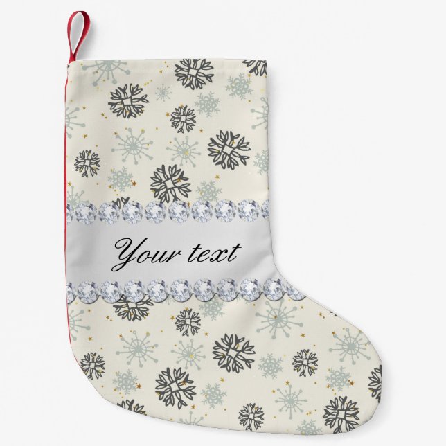 Blue Snowflakes Gold Stars Silver Diamonds Small Christmas Stocking (Front)