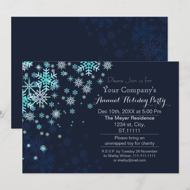 blue snowflakes holiday party Invitation (Front/Back)