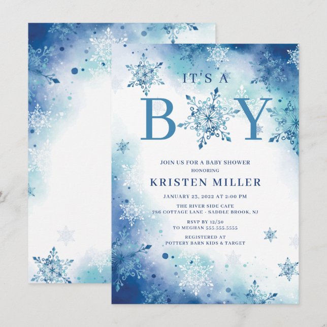 Blue Snowflakes It's Boy Winter Baby Shower  Invitation (Front/Back)