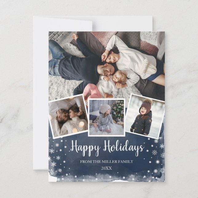 Blue snowflakes multi photo collage Holiday Card (Front)