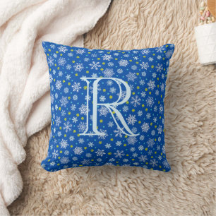 Blue Snowflakes Navy Blue Modern Elegant Monogram Cushion