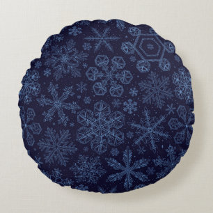 Blue Snowflakes on blue Round Cushion