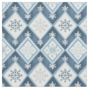 Blue Snowflakes on Snowy White Fabric