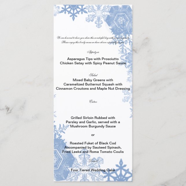 Blue Snowflakes on White Wedding Menu (Front)