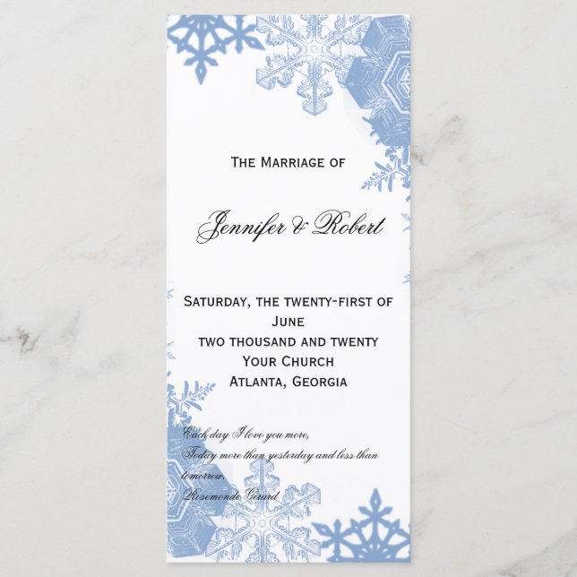 Blue Snowflakes on White Wedding Program Programme (Front)
