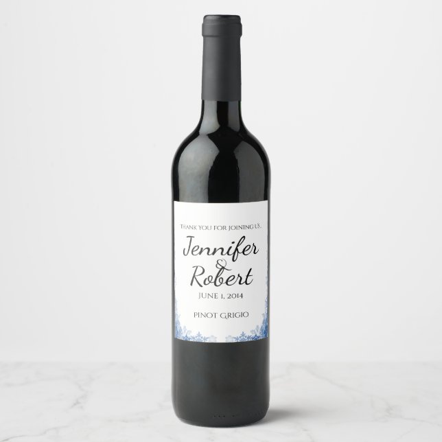 Blue Snowflakes on White Wedding Wine Label (Front)