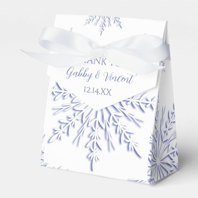Blue Snowflakes on White Winter Wedding Favour Box (Front Side)