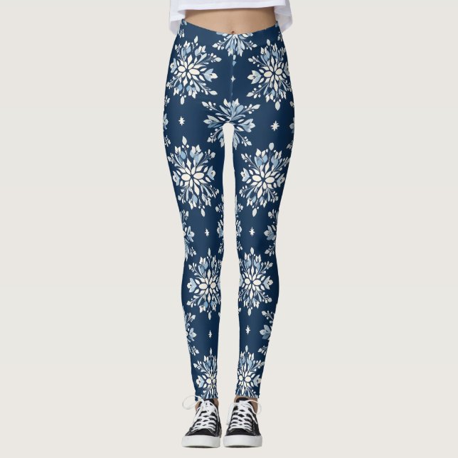Blue Snowflakes Pattern Leggings (Front)