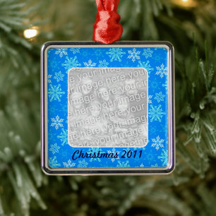 Blue Snowflakes Pattern Personalised Photo Metal Tree Decoration