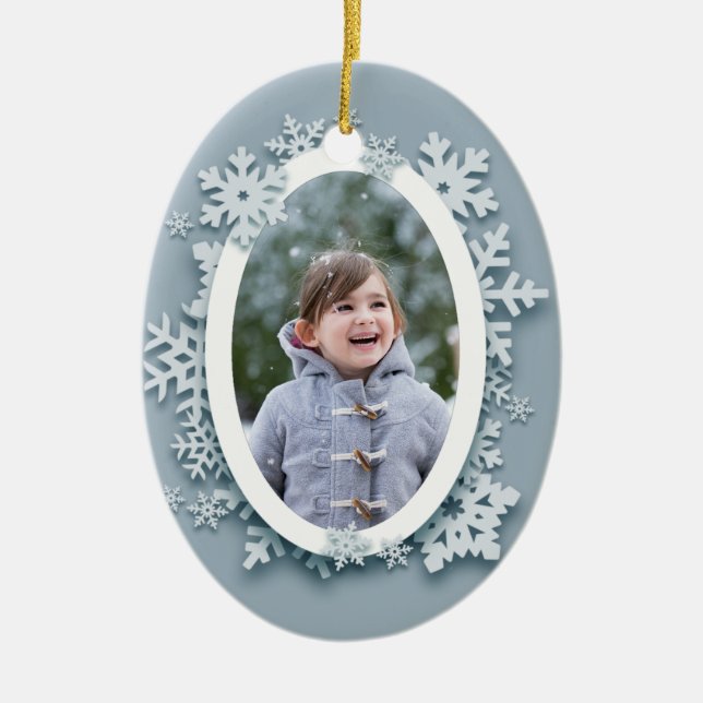 Blue Snowflakes Photo Ceramic Tree Decoration (Front)
