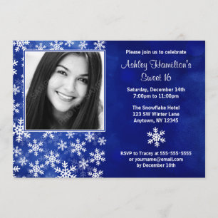 Blue Snowflakes Photo Sweet 16 Invitations