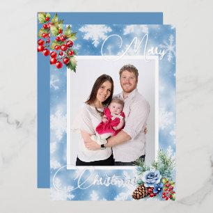 Blue Snowflakes Red Berries Christmas Greeting Foil Holiday Card