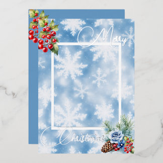 Blue Snowflakes Red Berries Christmas Greeting Foil Holiday Card