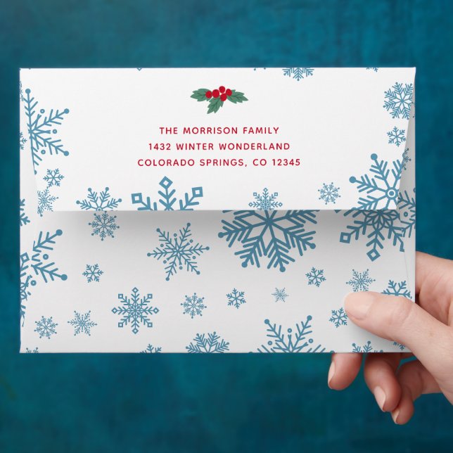 Blue Snowflakes Red Holly Berries Christmas  Envelope (Hand)