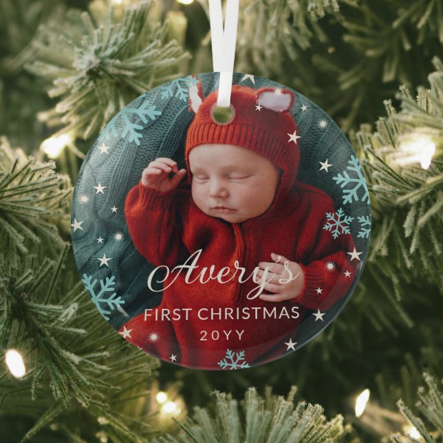 Blue Snowflakes & Stars Baby's 1st Christmas Photo Glass Tree Decoration (Insitu)