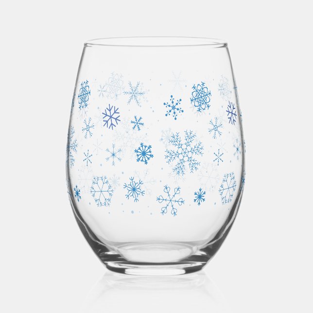 Blue Snowflakes Stemless Wine Glass (Front)