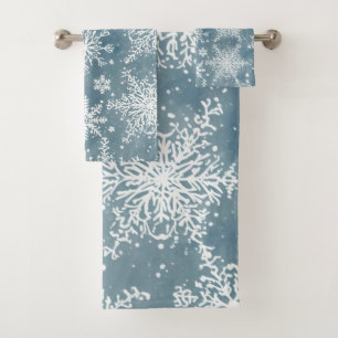 Blue Snowflakes Watercolor Winter Bath Towel Set