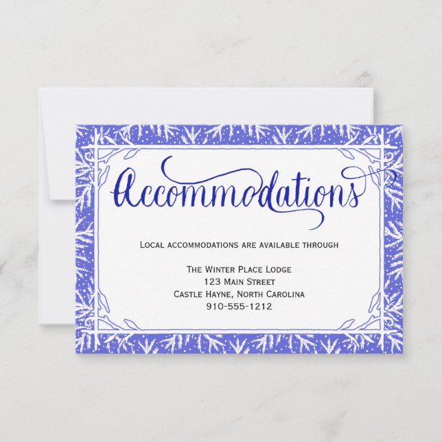 Blue Snowflakes Wedding Accommodations Card (Front)