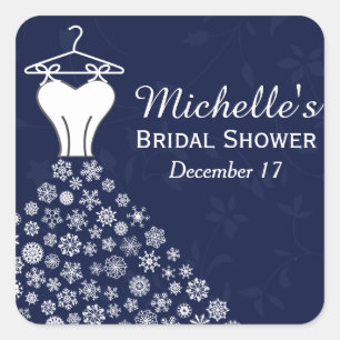 Blue Snowflakes Wedding Dress Bridal Shower Favour Square Sticker