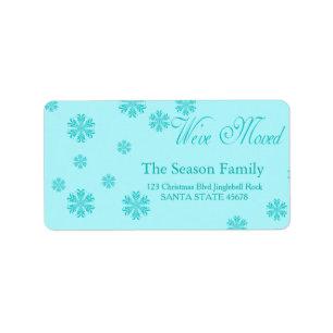 blue snowflakes "we've moved" Christmas label