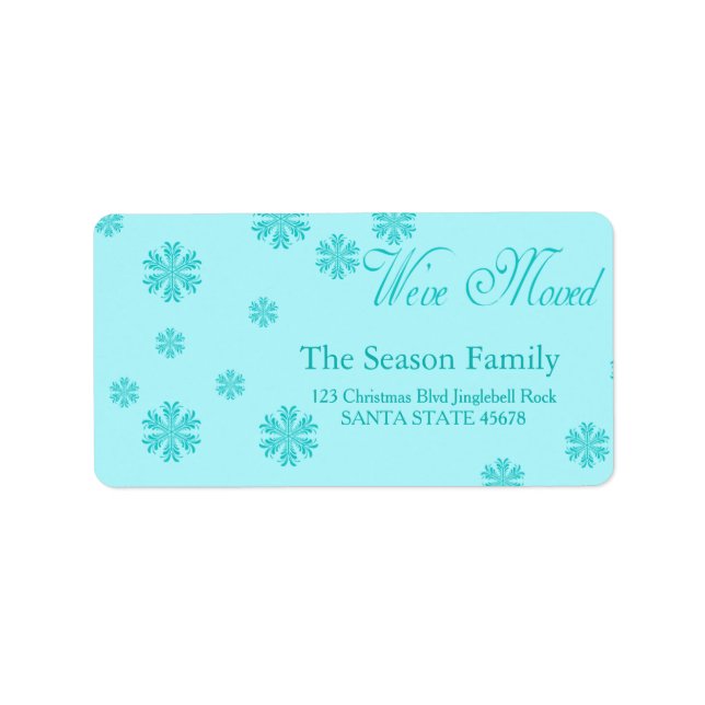 blue snowflakes "we've moved" Christmas label (Front)