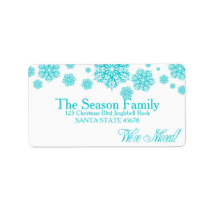 Blue snowflakes "we've moved" Christmas label