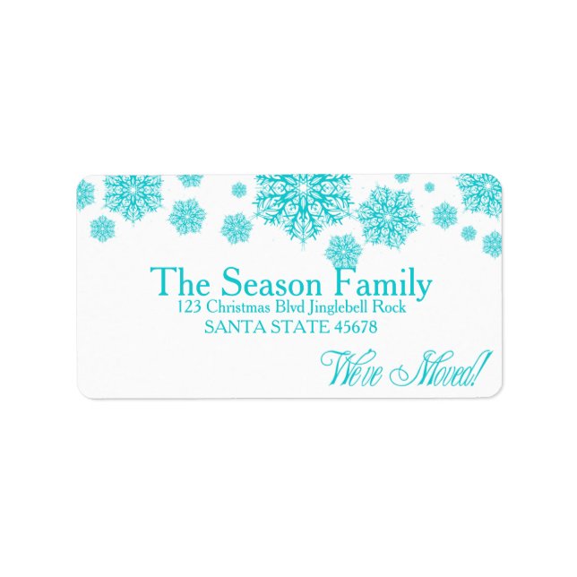 Blue snowflakes "we've moved" Christmas label (Front)