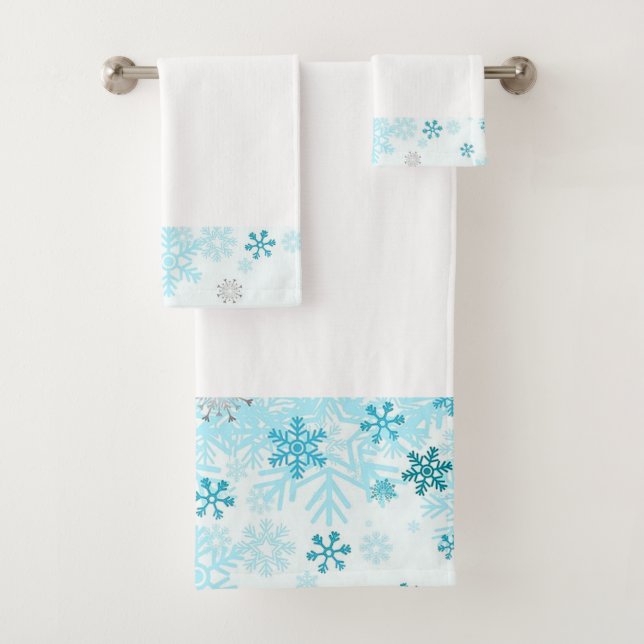 Blue Snowflakes White Bathroom Towel Set (Insitu)