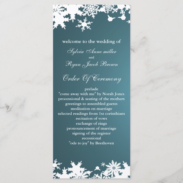 blue snowflakes winter wedding program programme (Front)
