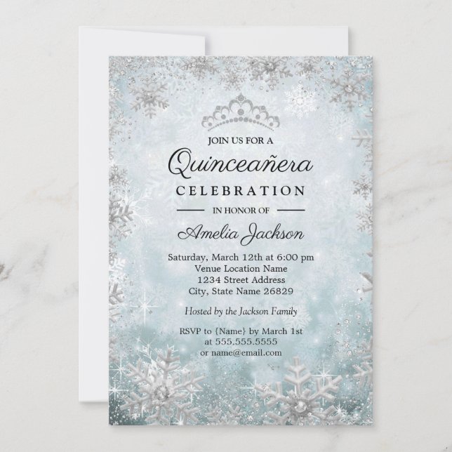 Blue Snowflakes Winter Wonderland Quinceanera Invitation (Front)