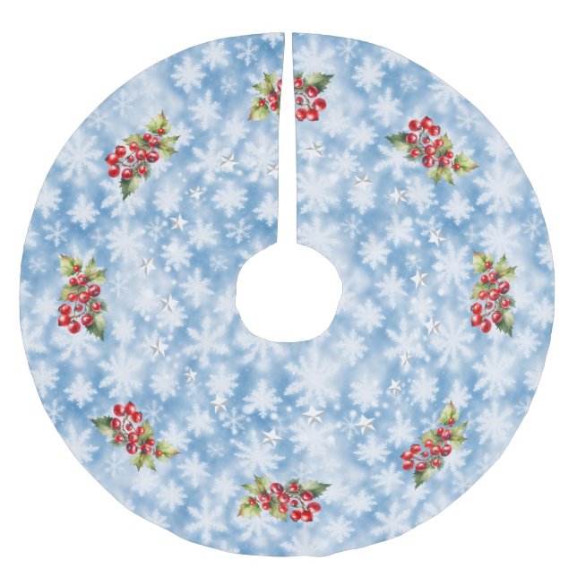 Blue Snowflakes with Red Berries & Stars Christmas Brushed Polyester Tree Skirt (Front)