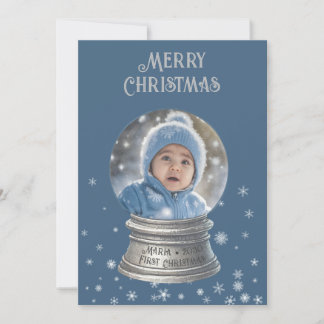Blue Snowglobe Snowflake Photo Flat Holiday Card