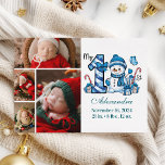 Blue Snowman 4 Photo  First Christmas Holiday Card<br><div class="desc">Celebrate your little one’s first holiday season with this cheerful winter design featuring a blue plaid number,  adorable snowman,  and scattered candy canes and gifts. Customise it with your baby's photo and birth details to create a keepsake that brings charm and magic to your holiday memories.</div>