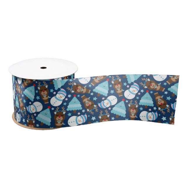 Blue Snowman and Blue Christmas Tree   Satin Ribbon (Spool)