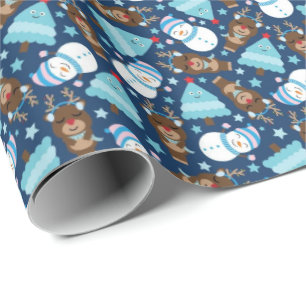 Blue Snowman and Blue Christmas Tree  Wrapping Paper