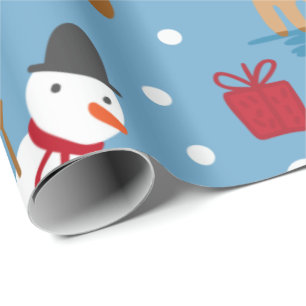 Blue Snowman and Red, Yellow Gifts  Wrapping Paper